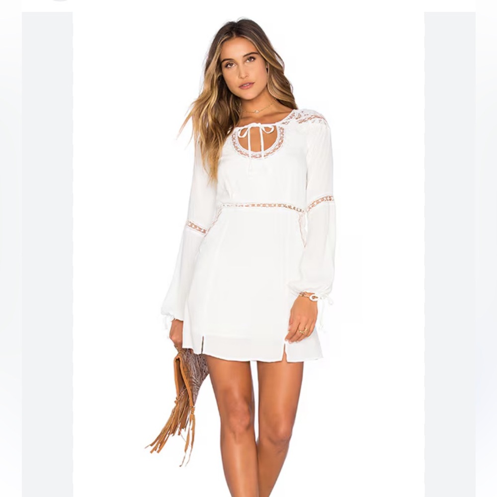For Love & Lemons Ivory Lace Mini Dress XS Boho Bell Sleeve Tie Neck White Dress